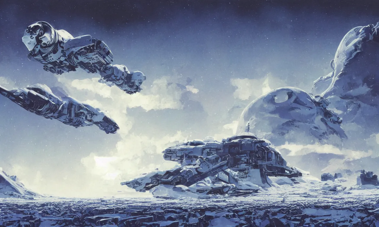 Image similar to frozen wasteland frontiers with clouds and fog on an alien science-fiction planet with distant mountains and snow, ravine in the middle, derelict spaceship covered in snow in the background, by Syd Mead, Federico Pelat