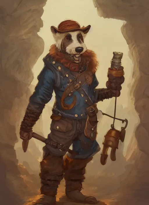 Prompt: fursona commission of a anthro burley badger wearing old-timey miner's clothes. pretty, beautiful, DnD character art portrait, matte fantasy painting. Desert mining town. DeviantArt Artstation, by Jason Felix by Steve Argyle by Tyler Jacobson by Peter Mohrbacher, cinematic lighting