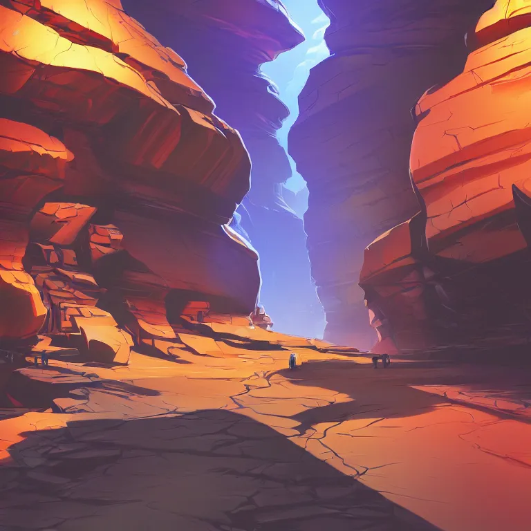 Prompt: marketing game illustration, distortion camera of a scifi road into the rocks canyon very fast feeling in the style of Blizzard and Riot Games