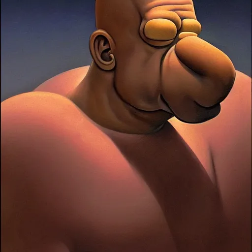 Image similar to An ultra realistic portrait painting of Homer Simpson in the style of Frank Frazetta, 4k, Ultra realistic, Highly Detailed, Dark Fantasy, Epic Lighting