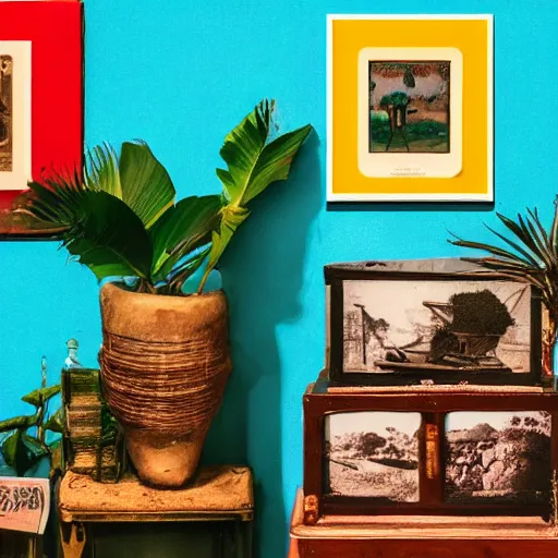 Image similar to An offset photography of a composition of five object on display, colors, (anthropology of wonder), ((((exotic artifacts)))), bauhause, tropicalism, (colonial expedition), three colors, exhibition print, 60s style