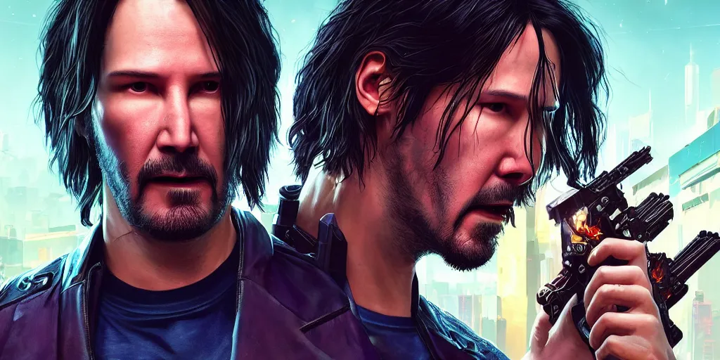 Image similar to a cyberpunk 2077 srcreenshot portrait of Keanu Reeves and V final kiss,love,film lighting,by Lawrence Alma-Tadema,Andrei Riabovitchev,Laurie Greasley,Dan Mumford,John Wick,Speed,Replicas,artstation,deviantart,FAN ART,full of color,Digital painting,face enhance,highly detailed,8K,octane,golden ratio,cinematic lighting