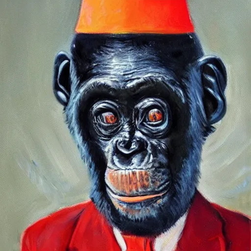 Image similar to An exquisite oil painting of a chimpanzee dressed like the DUke of Wellington with a traffic cone on his head