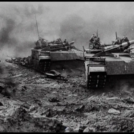 Image similar to photo of a large tank battle in WW1 cinematic framing