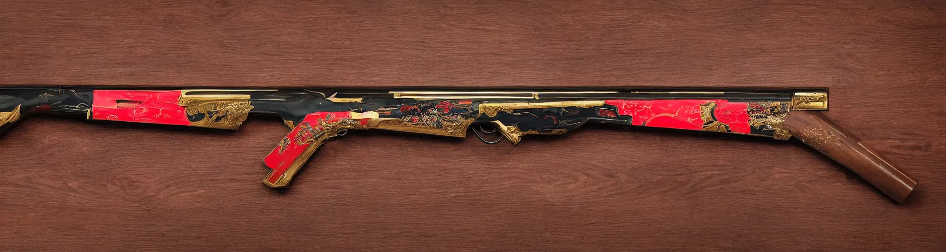 Image similar to a shotgun made from glossy red - painted wood and elements of gold metalwork