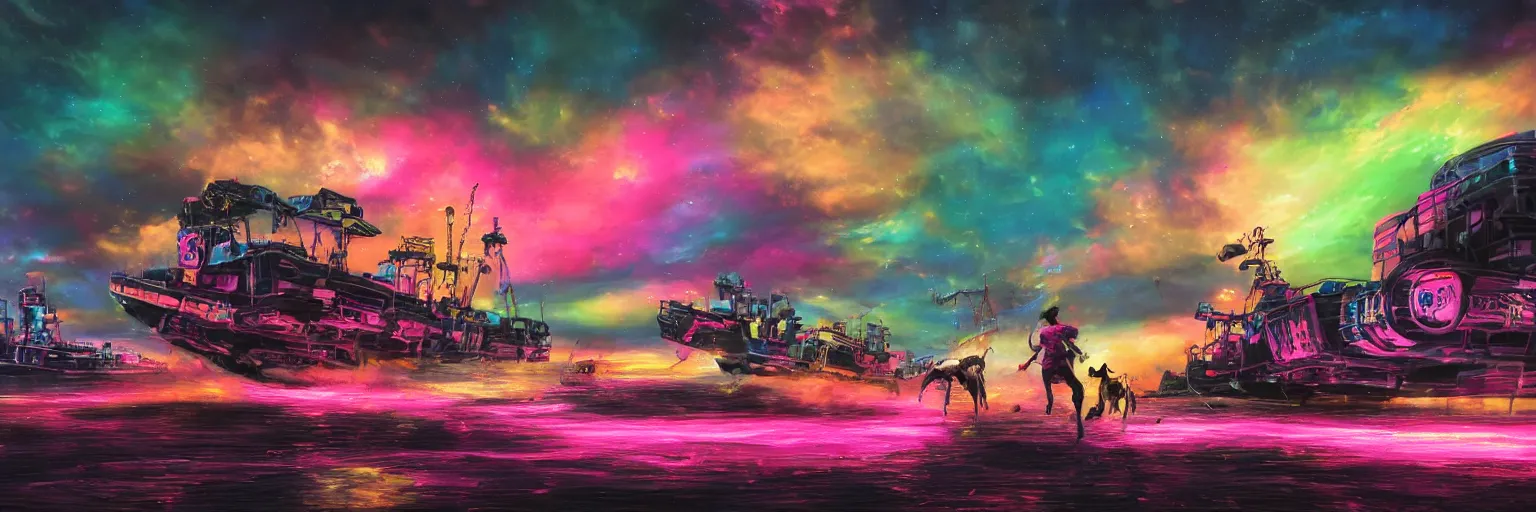 Prompt: oil painting, ultra detailed, the middle view dog, run, spase dogs and punks running with neon mohawks, space, dark, stars, pink, pirate neon ship with punks on board, neon, rich deep colors masterpiece, contrast, clouds, sky, volumetric light, atmospheric lighting, dramatic, cinematic, moody, octane render 4 k, 8 k