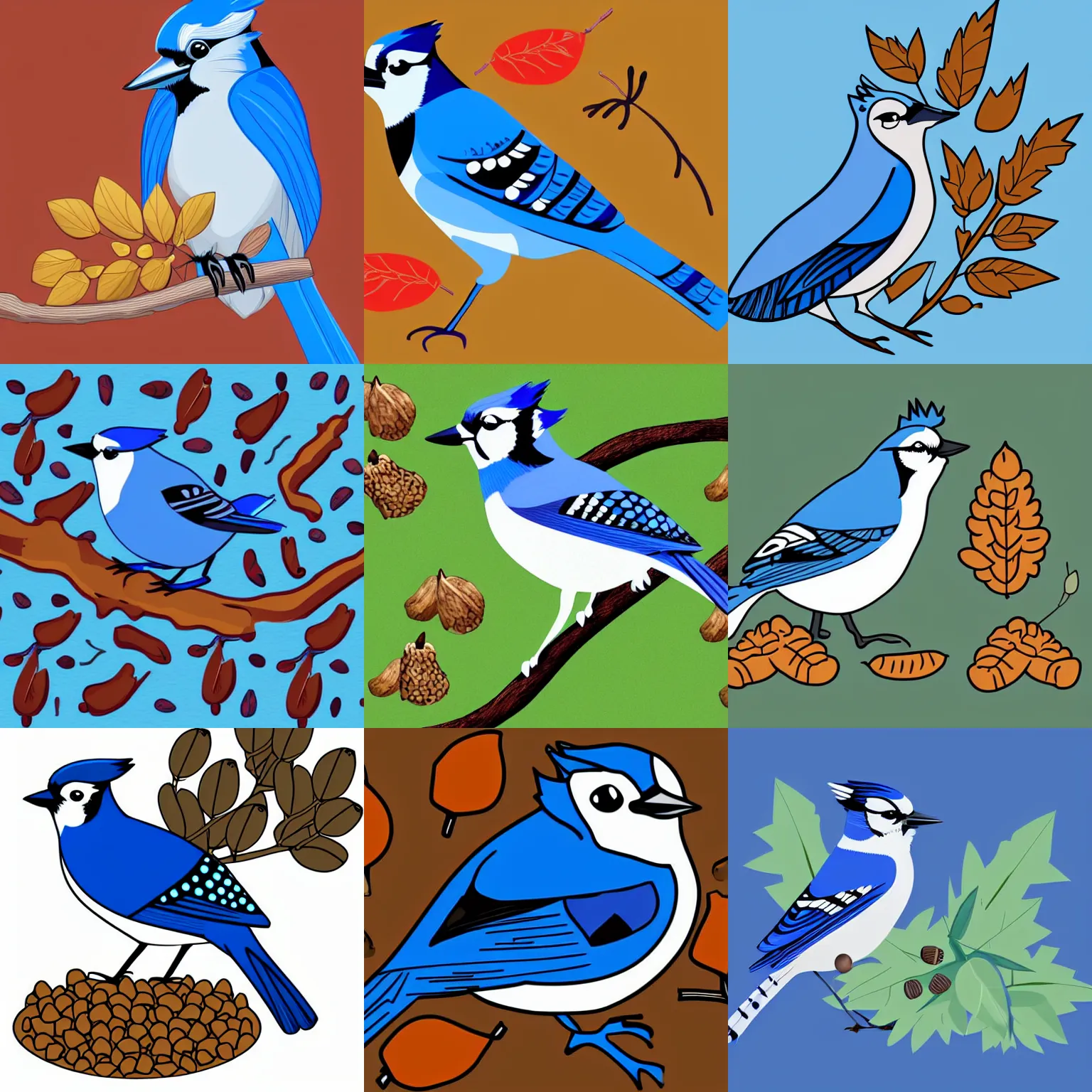 Prompt: blue jay with a pile of acorns, digital art, clean style, detailed 2 d vector art, shutterstock, svg, unreal engine