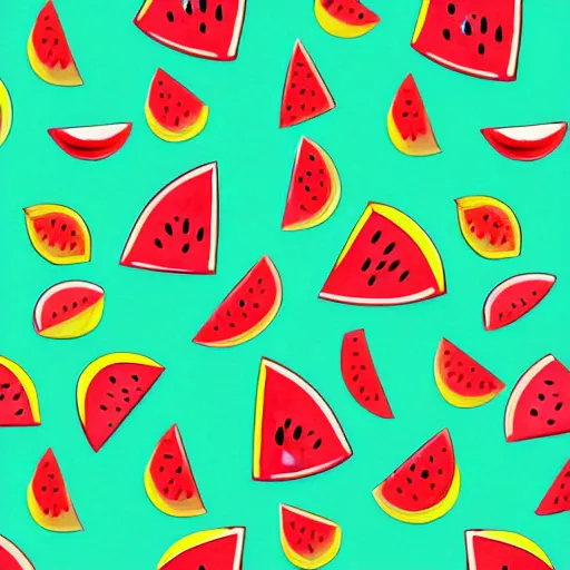 Image similar to retro, hd illustration of watermelons and lemons, mint leaves, inspired by watercolor masterpieces, matisse, colorful, happy, trending on artstation, 4 k