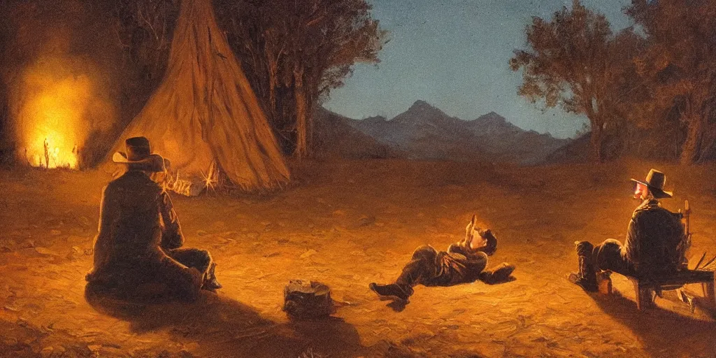 Prompt: in the old west, at a campfire at night, close up portrait of a sleeping bandit ( ( alone ) and a young boy ( ( alone ) ) watches the stars and his horse grazes, in the style of fredrick remington, oil painting, warm color palate, astral