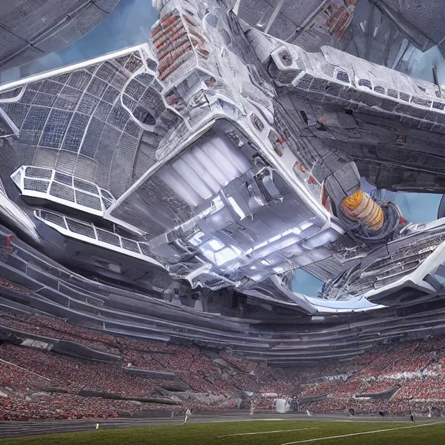 Image similar to a futuristic stadium with a giant artstation mecha, stadium has a full crowd, unreal engine, hyper realism, realistic shading, cinematic composition, realistic render, octane render, detailed textures, photorealistic, wide shot