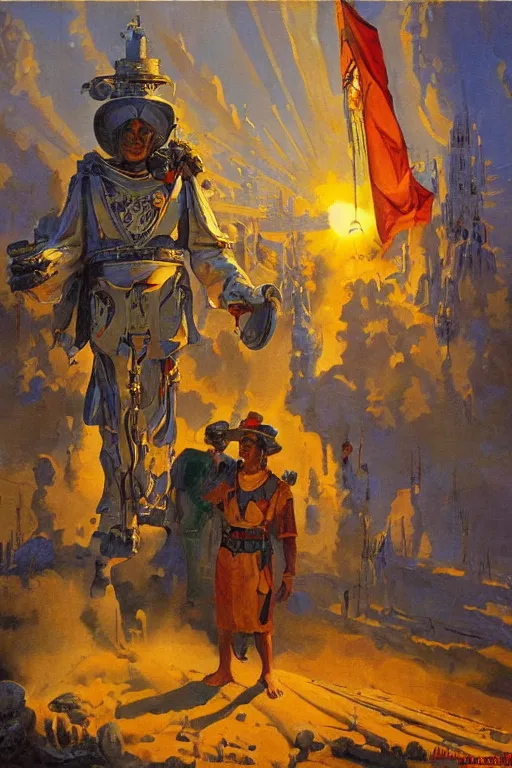 Prompt: stupid hymn, painted by robert mccall and earle k. bergey, trending on artstation, dramatic olive lighting product view very very intricate, narrative realism, cgsociety, character design, oil painting