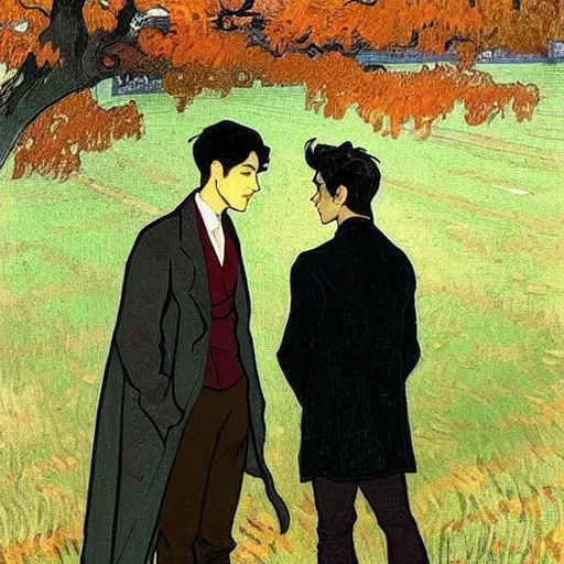 Prompt: painting of young cute handsome beautiful dark medium wavy hair man in his 2 0 s named shadow taehyung and cute handsome beautiful min - jun together at the graveyard party, ghostly, haunted gravestones, ghosts, autumn! colors, elegant, wearing suits!, clothes!, stylish, delicate facial features, art by alphonse mucha, vincent van gogh, egon schiele