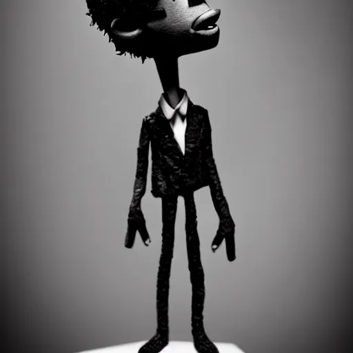 Image similar to a cartoon claymation medium close up sculpture of Playboi Carti, in the style of Tim Burton, black and white, high contrast