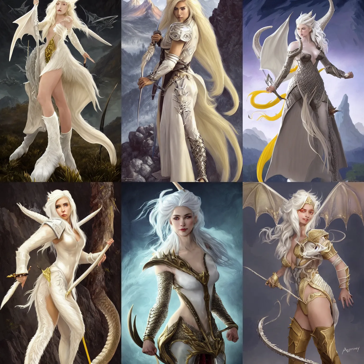 Prompt: Full body Picture of a female Dragon Tamer, fantasy inspired, shortbow, ivory skin, White hair, long messy hair, platinum attire, armor and robes, battle, detailed face features, light glowy yellow eyes, dragon hatchlings around, mountain background, D&D, by artgerm and Craig Mullins, James Jean, Andrey Ryabovichev, Mark Simonetti and Peter Morbacher, matte painting, trending on artstation, artstationHD, artstationHQ, octane, full HD, 16K, alluring