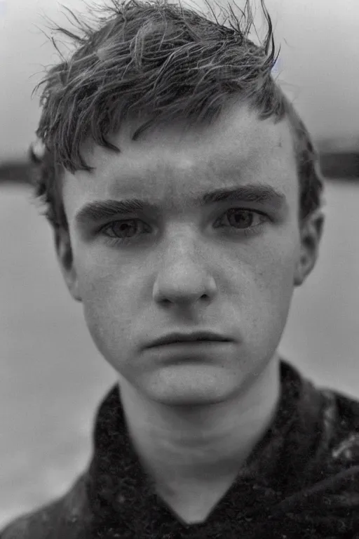 Image similar to super close up portrait of a frowning young irish adolscent 1 8 years old irish man in the cold cold sea at winter, by annie leibowitz, 1 9 9 8,