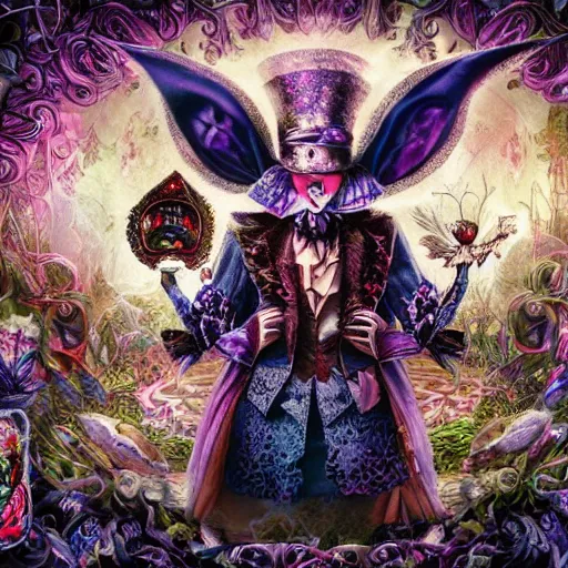 Image similar to dark fantasy, 4 k, textured 3 d, intense detail, psychedelic, alice in wonderland, white rabbit, mad hatter, amazing background, alex grey style