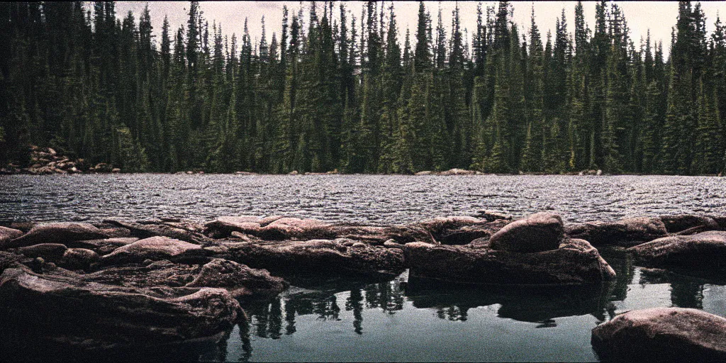 Image similar to rope in the water, in the middle of a rocky lake, eerie vibe, leica, 2 4 mm lens, cinematic screenshot from the 2 0 0 1 film directed by charlie kaufman, kodak color film stock, f / 2 2, 2 4 mm wide angle anamorphic