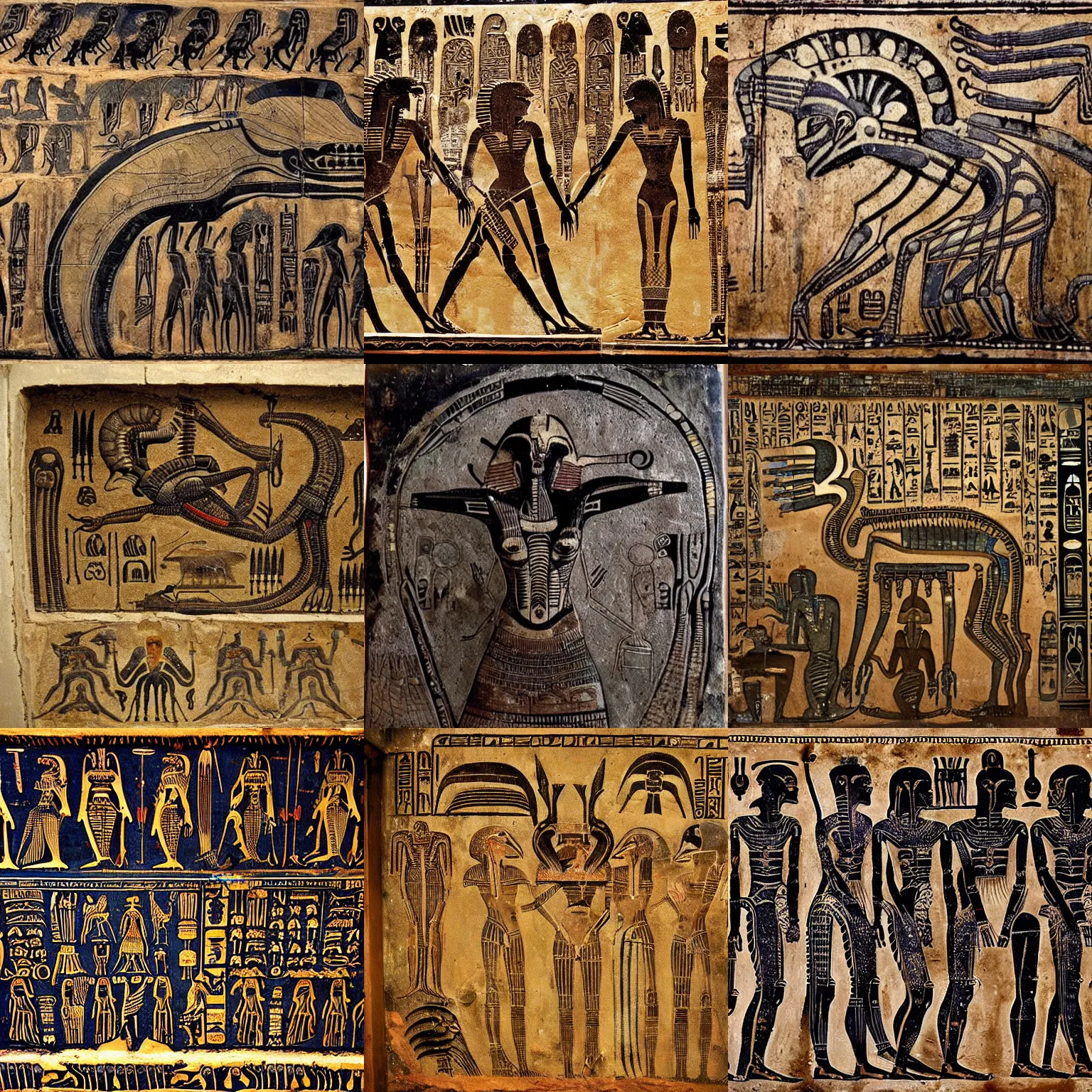 Prompt: [ xenomorph ] [ giger ] [ alien ] from movie aliens painted on highly intricate ancient egyptian mural art, with many organized hieroglyphs