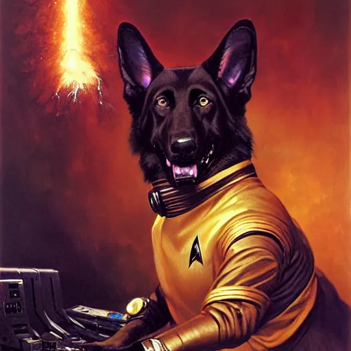 Image similar to a portrait of a man depicted as a black german shepherd dogman canine, star trek the next generation, sitting in front of a console, explosions. highly detailed painting by gaston bussiere, craig mullins, j. c. leyendecker, furry