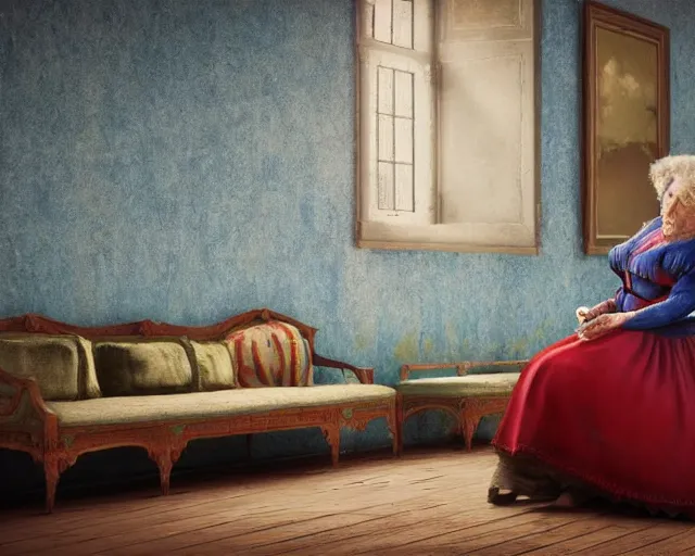 Image similar to an innocent and beautiful scene in hyper realistic style, about an old and lonely woman painting a huge colorful fish on the wall, and modeling a victorian dress. 4 k. wide angle. wild. red mouth, blue eyes. deep focus, lovely scene. ambient occlusion render. unreal engine.