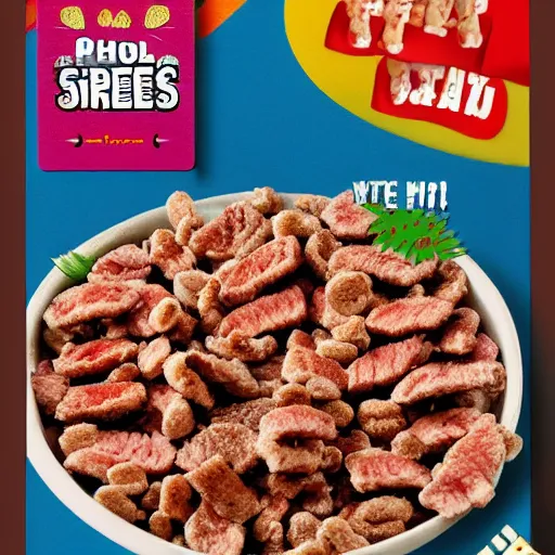 Image similar to promotional photo of a cereal box with cereal made of tiny steaks, their slogan is early meat!,