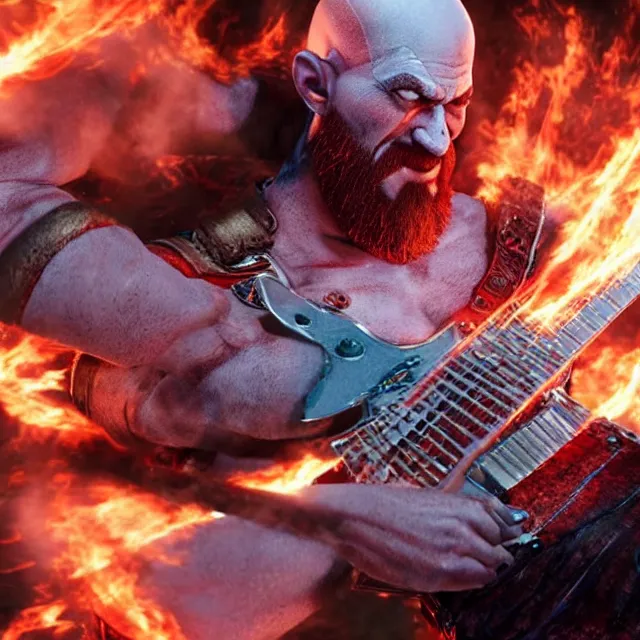 Image similar to kratos shredding on a flaming stratocaster guitar, cinematic render, god of war 2 0 1 8, santa monica studio official media, lightning, stripe over eye