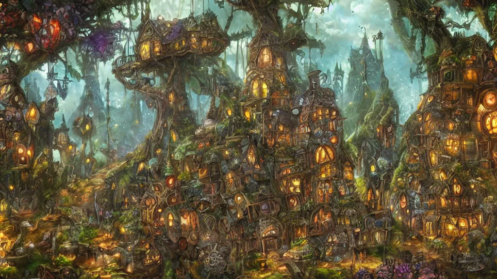 Prompt: a steampunk fairy village in the trees, highly detailed oil painting, epic fantasy art, abstraction, masterpeice, 8k