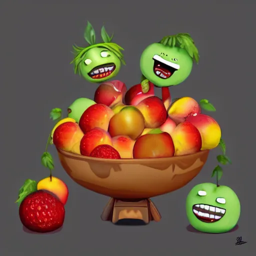 Image similar to a bowl of fruit, the fruit have faces and are alive, they are at war with each other, animation, 8k, funko pop, artstation, orion
