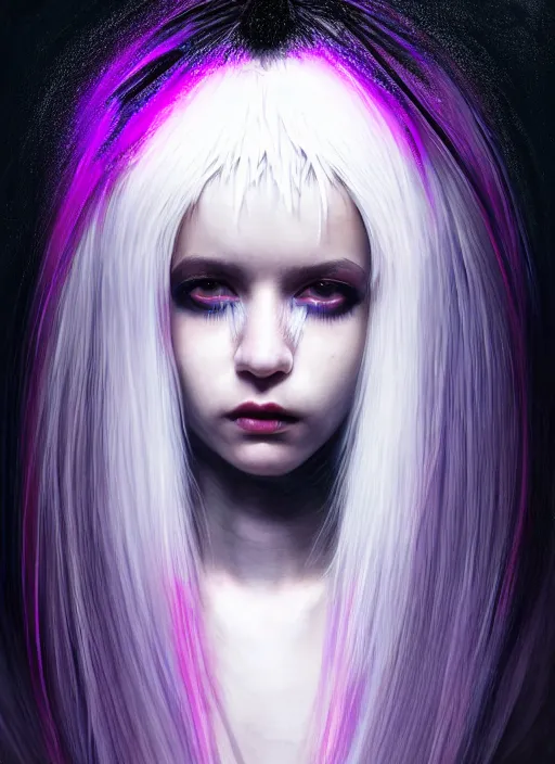 Image similar to hair whitebangs hair, black cyberlox, portrait of teenage girl with white bangs, whitebangsblackhair, messy bangs, cyberlox, whitebangs, red irises, purple clothes, intricate, elegant, glowing lights, highly detailed, digital painting, artstation, concept art, sharp focus, illustration, art by wlop, mars ravelo and greg rutkowski