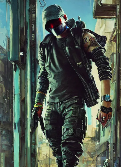 Prompt: Eminem ,Cyberpunk mercenary in tactical gear climbing a security fence. rb6s, (Cyberpunk 2077), blade runner 2049, (matrix). Epic painting by Craig Mullins and Alphonso Mucha. painting with Vivid color.