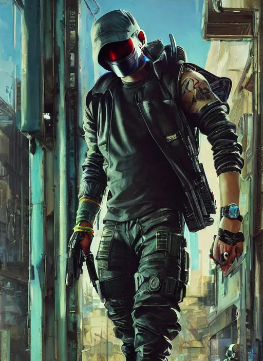 Image similar to Eminem ,Cyberpunk mercenary in tactical gear climbing a security fence. rb6s, (Cyberpunk 2077), blade runner 2049, (matrix). Epic painting by Craig Mullins and Alphonso Mucha. painting with Vivid color.