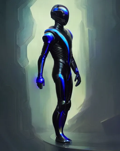 Image similar to character concept of iridescent sinewy smooth muscular male sleek glossy indigo black pearlescent scifi armor with smooth black onyx tron helmet, by greg rutkowski, mark brookes, jim burns, tom bagshaw, magali villeneuve, trending on artstation