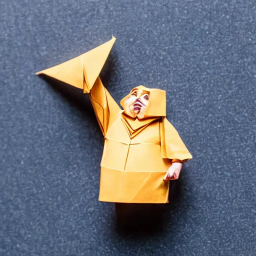 Image similar to close up photo of a small origami obese man, cinematic, shallow dof, 3 5 mm, 4 k, macro