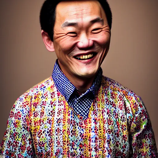 Image similar to photography of smiling kim chen in. kim chen in is wearing traditional - ukrainian shirt designed by taras shevchenko.