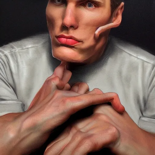 Image similar to Jerma thinking and pondering with his hand on his chin hunched over, Realistic, Hyperrealistic, Highly Detailed, Very Detailed, HD Quality, 8k Resolution, Digital Art, Oil Painting, Trending on Artstation, Real Life