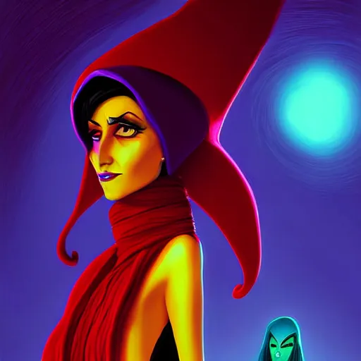 Image similar to curled perspective digital art of a dark hair woman wearing arafat arab scarf by anton fadeev from nightmare before christmas
