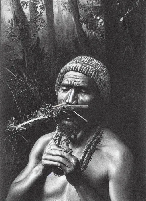 Image similar to a beautiful portrait of an indigenous man sitting in the jungle surrounded by smoke, smoking a pipe, praying with tobacco ,mysterious atmosphere