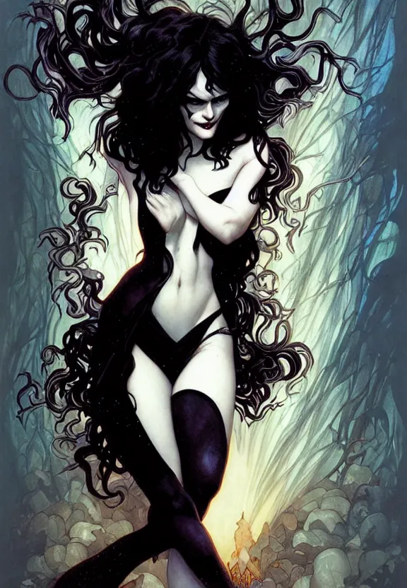 Prompt: perky character death from comic book the sandman by neil gaiman, fantasy magic, dark light night, intricate, elegant, sharp focus, illustration, highly detailed, digital painting, concept art, matte, art by wlop and artgerm and greg rutkowski and alphonse mucha, masterpiece
