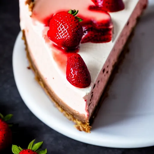 Image similar to close view of a delicious sweet and perfect strawberry cheesecake piece, award winning, 4 k, beautiful