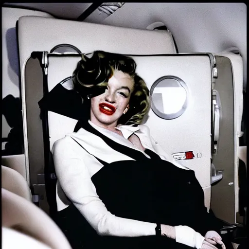 Prompt: DSLR 35mm film photography of marilyn monroe as a flight attendant in 1998