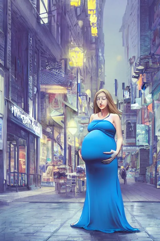 Prompt: pregnant woman in a small blue dress on night street, highly detailed, sharp focused, ultra realistic digital concept art by Edwin Longsden