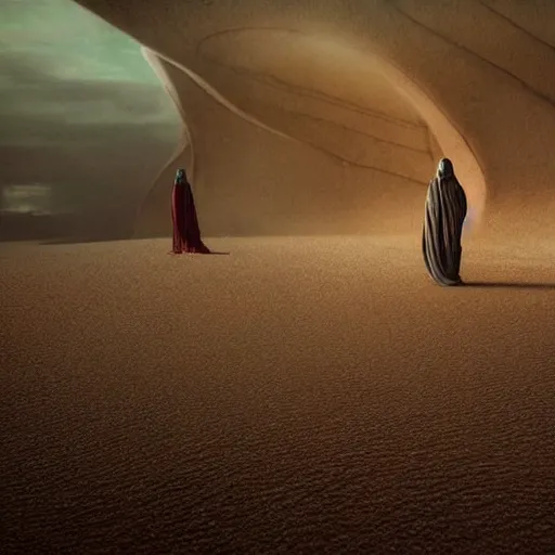 Image similar to colour aesthetic highly detailed photography scene arakis from dune ( 2 0 2 1 ) by alejandro hodorovski and denis villeneuve and gregory crewdson style characters with very highly detailed faces. with many details by andrei tarkovsky and caravaggio in sci - fi style. volumetric natural light hyperrealism photo on dsmc 3 system