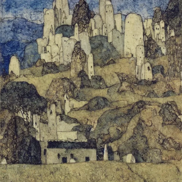 Prompt: a building in a landscape, by edmund dulac