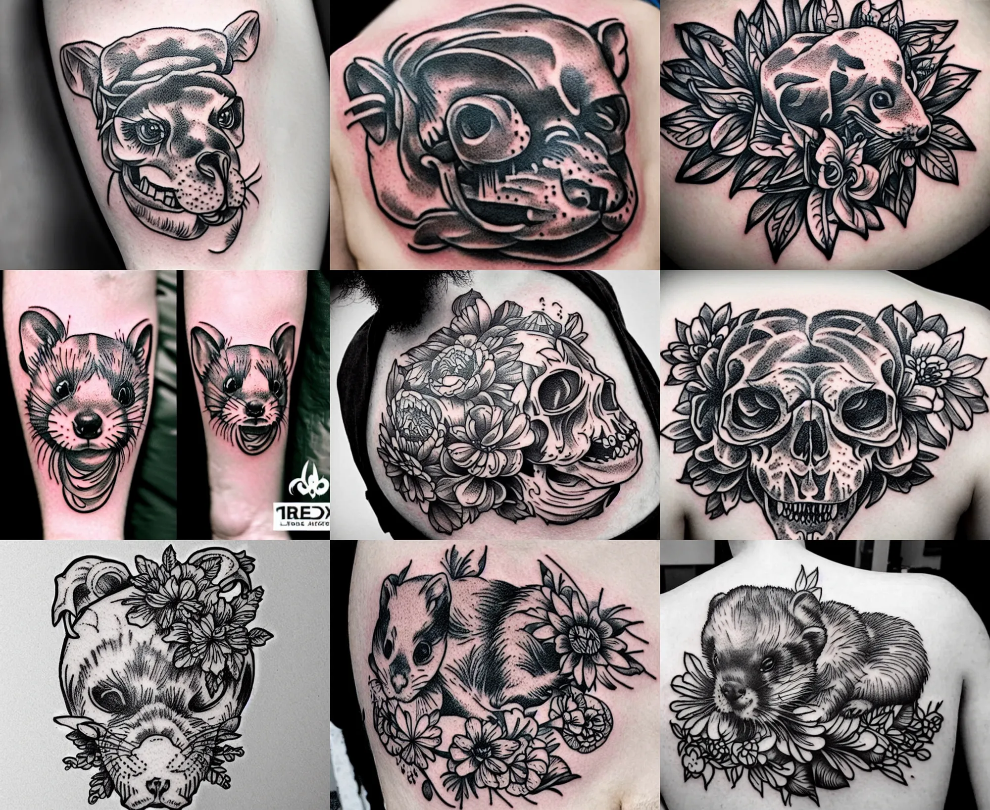 Image similar to detailed amazing tattoo stencil of a floral ferret crawling on a human skull