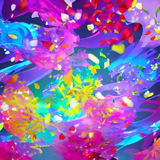 Prompt: background art of spaciously scattered multi colored flower petals flowing through the air from left to right on a clean background, anime, artgerm, manga, trending on artstation,