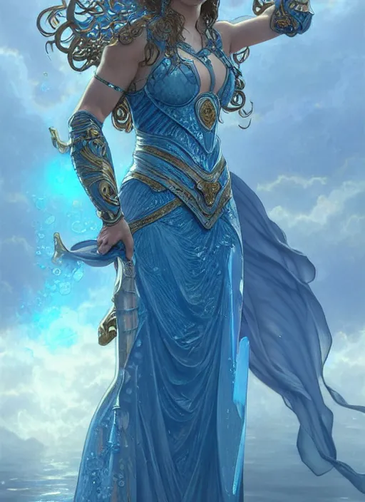 Image similar to a goddess of water wearing blue armor, with hands and hair turning into wearing, fantasy, intricate, elegant, highly detailed, digital painting, artstation, concept art, wallpaper, smooth, sharp focus, illustration, art by artgerm and greg rutkowski and alphonse mucha