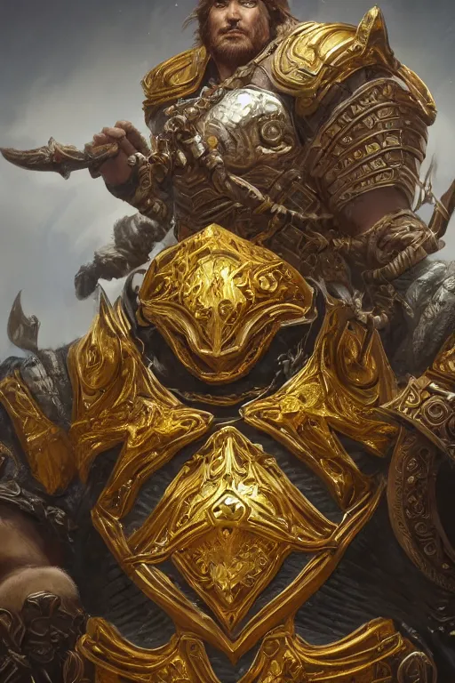 Image similar to dynamic photography portrait of a dungeons and dragons king's colosse , intricate ornate armor, subject in the middle of the frame, rule of thirds, golden ratio, elegant, digital painting, octane 4k render, zbrush, hyperrealistic, artstation, concept art, smooth, sharp focus, illustration from Warcraft by Ruan Jia and Mandy Jurgens and Artgerm and William-Adolphe Bouguerea