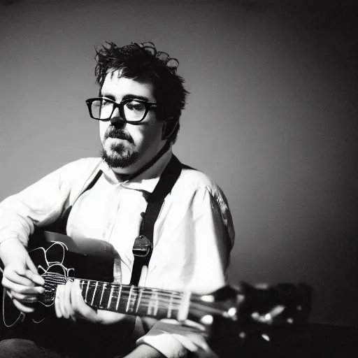 Image similar to John Flansburgh on guitar, Los Angeles, 2019. CineStill, monochrome.