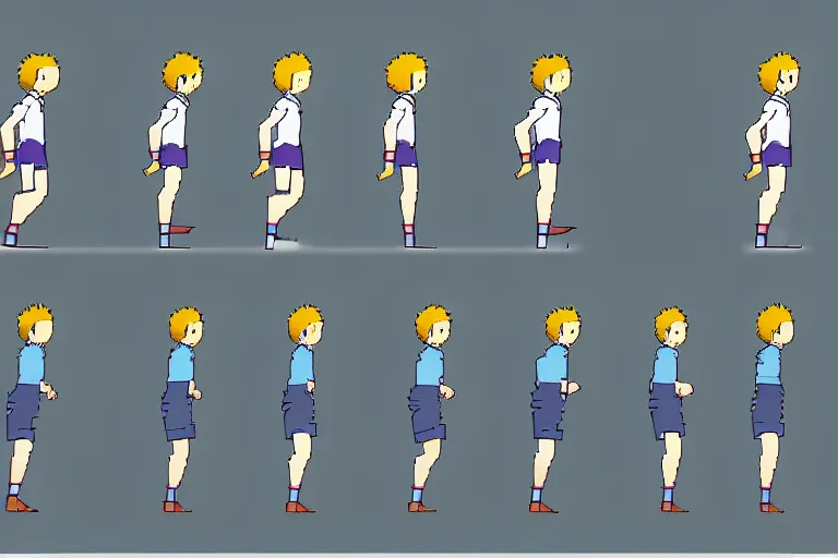 Image similar to a sprite sheet containing of a hero running by studio ghibli, side view, proportions, sprite sheet, running cycle, ready to model,