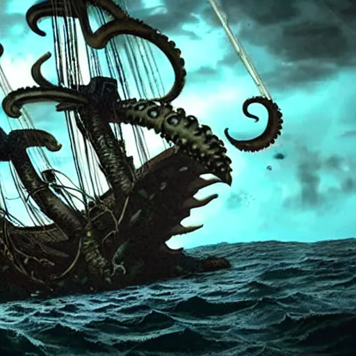 Image similar to kraken destroying the pirate ship in the bloody waters